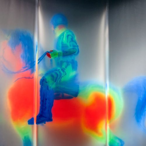 David Spriggs. Regisole - Sun King. 2015Dimensions: 479 x 184 x 579 cm / 188.5 x 72.5 x 228 inches3D installation artwork, acrylic spray paint on layers of transparent film, springs, t-bars, lighting. Digital modelling by Ian Spriggs.