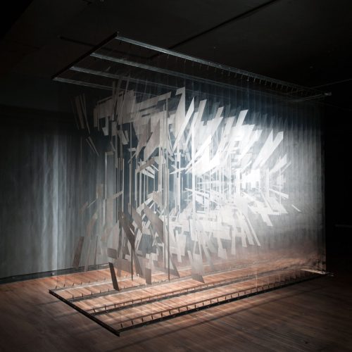 2011
170 x 289 x 335 cm / 67 x 289 x 132 inches
Acrylic on layered transparent film, metal bar, springs, lights
Installation premiere at the Prague Biennale 5, Prague, Czech Republic.